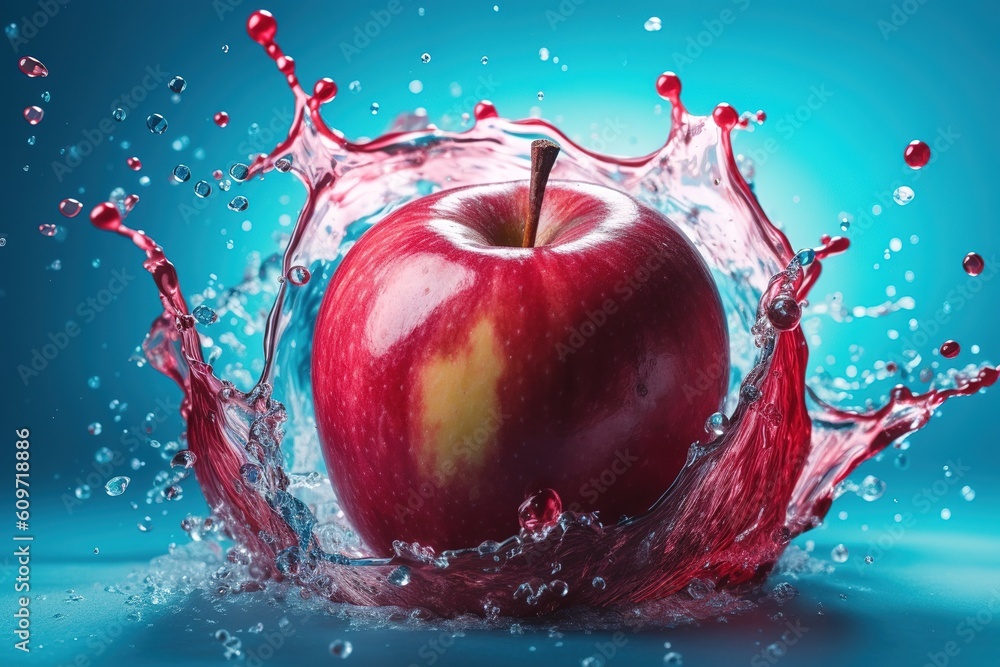 Poster a ruby-hued apple that has been spritzed with water. generative ai