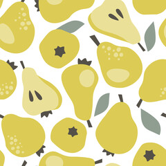 Seamless summer natural pattern with pear fruits. Vector graphics.
