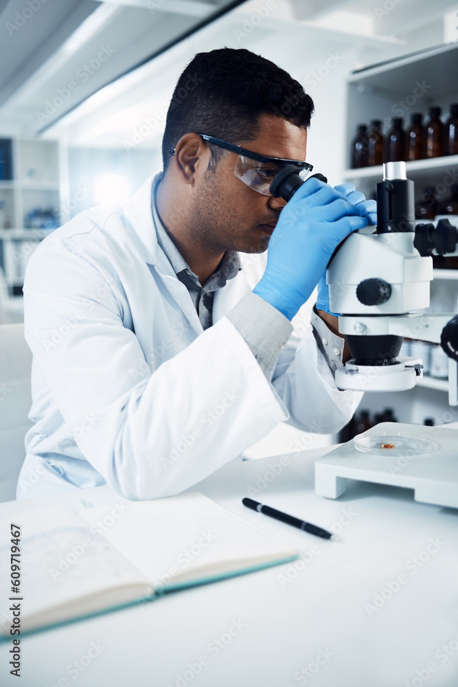 Aufkleber Man, scientist and microscope, analysis in laboratory and check DNA sample with science experiment. Male doctor analyze data in lab, scientific innovation for development and medical research
