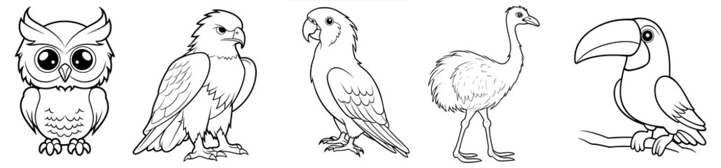 Obraz premium Birds - cute Owl, Eagle, Parrot, Ostrich and Toucan, simple thick lines kids or children cartoon coloring book pages. Clean drawing can be vectorized to illustration. Generative AI