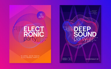Neon music flyer. Electro dance dj. Electronic sound fest. Techno trance party. Club event poster.
