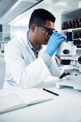 Man, scientist and microscope, analysis in laboratory and check DNA sample with science experiment. Male doctor analyze data in lab, scientific innovation for development and medical research