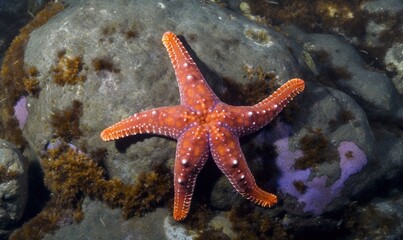  a starfish is laying on a rock in the ocean.  generative ai