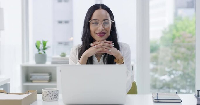 Laptop, face and business woman, writer in office workplace with pride for career or job. Computer, portrait and smile of female professional copywriter from Brazil with confidence, glasses and happy