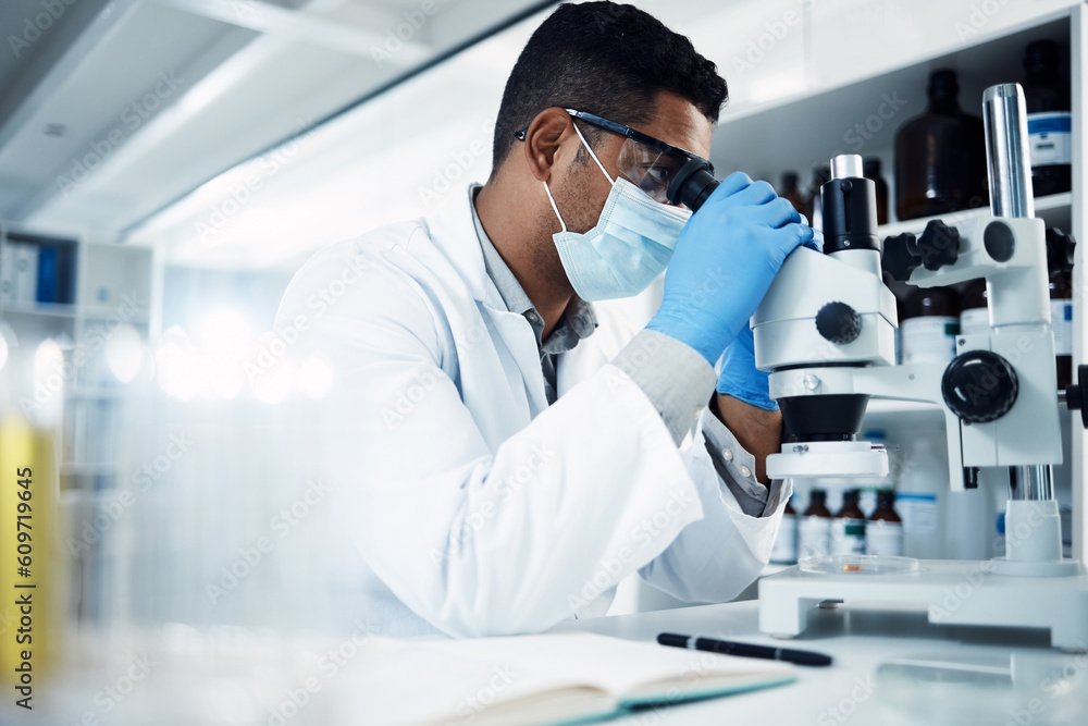 Poster Man, scientist and microscope, analysis and check DNA sample with science experiment in laboratory. Male doctor with mask, gloves and analyze data with scientific innovation and medical research