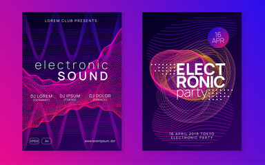 Neon dj flyer. Electro dance music. Electronic sound event. Club fest poster. Techno trance party.