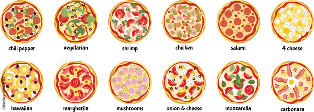 Wall mural Cartoon italian pizza top view. Pizzas different ingredients set. Isolated pizzeria symbols, fast food delivery service decent vector graphic