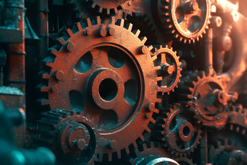 Steampunk Background with Rusty Gears and Engines. Industrial Background. Generative AI