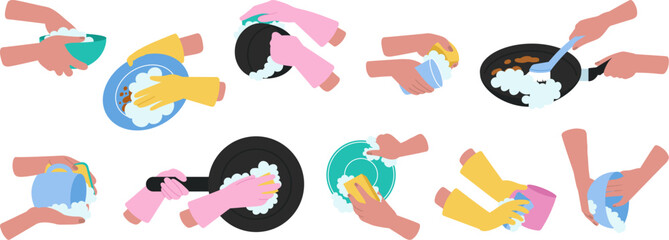 Hands washing dishes in rubber gloves. Isolated clean plates and pan, female cleaning with sponge and brush. Decent vector kitchen cleaner set