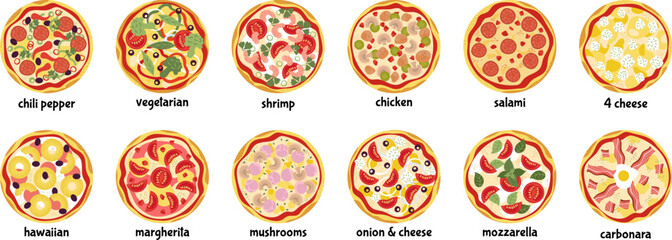 Fototapeta na wymiar Cartoon italian pizza top view. Pizzas different ingredients set. Isolated pizzeria symbols, fast food delivery service decent vector graphic