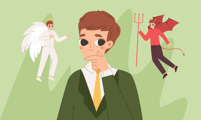 Shoulder devil and angel. Kind and evil human advisor, student, teens or businessman thinking and choose. Difficult choice, snugly vector characters