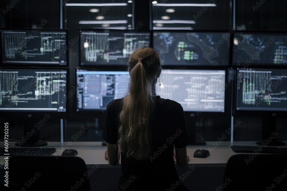 Poster rear view of female security guard looking at computer monitors in surveillance room, a female progr
