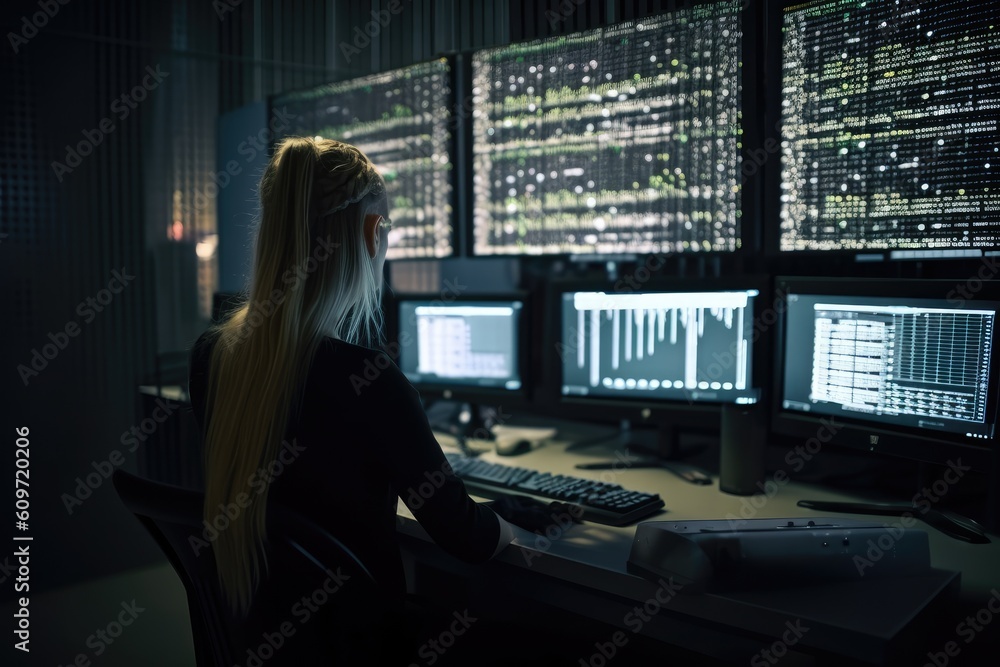 Poster side view of female hacker using computer in dark room. blurred background, a female programmer codi