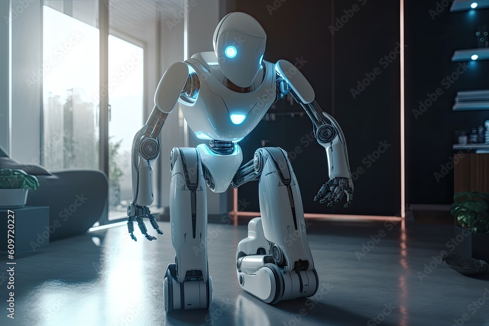 Poster 3d rendering humanoid robot working in modern office with laptop computer. ai generated