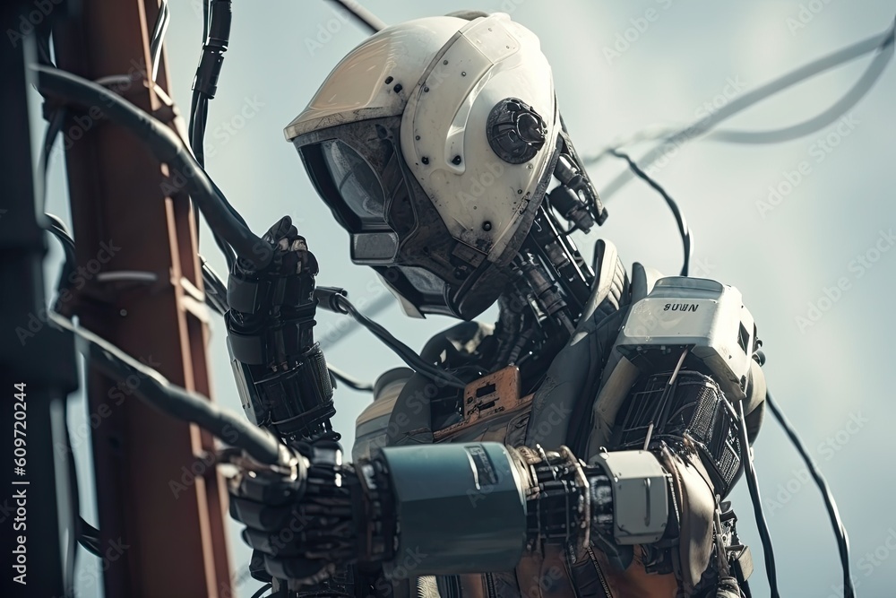 Poster close-up of futuristic robot arm on the background of the sky, futuristic ai robot electrician repai