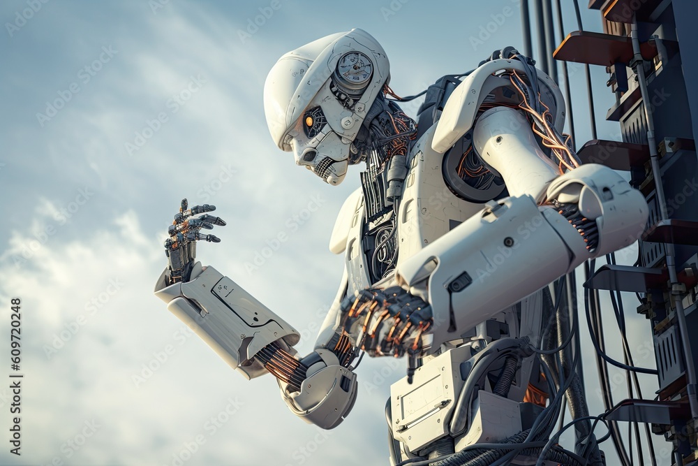 Poster a close-up of a humanoid robot on the ship, futuristic ai robot electrician repairing electrical com