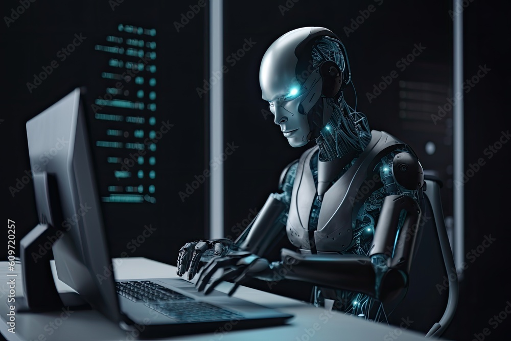 Poster cyborg woman working on laptop in dark office. 3d rendering, a futuristic ai robot hacking websites 