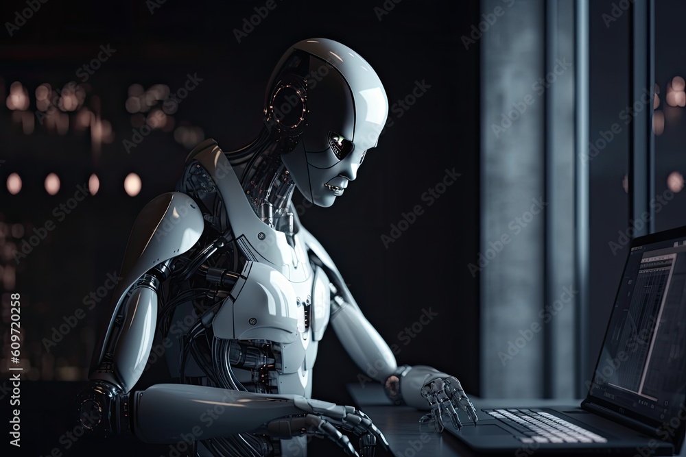 Poster 3d rendering humanoid robot working on laptop computer in dark room at night, a futuristic ai robot 