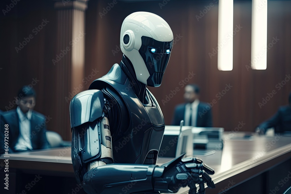 Poster rear view of a male robot sitting at a table in a conference room, a futuristic ai robot judge in a 