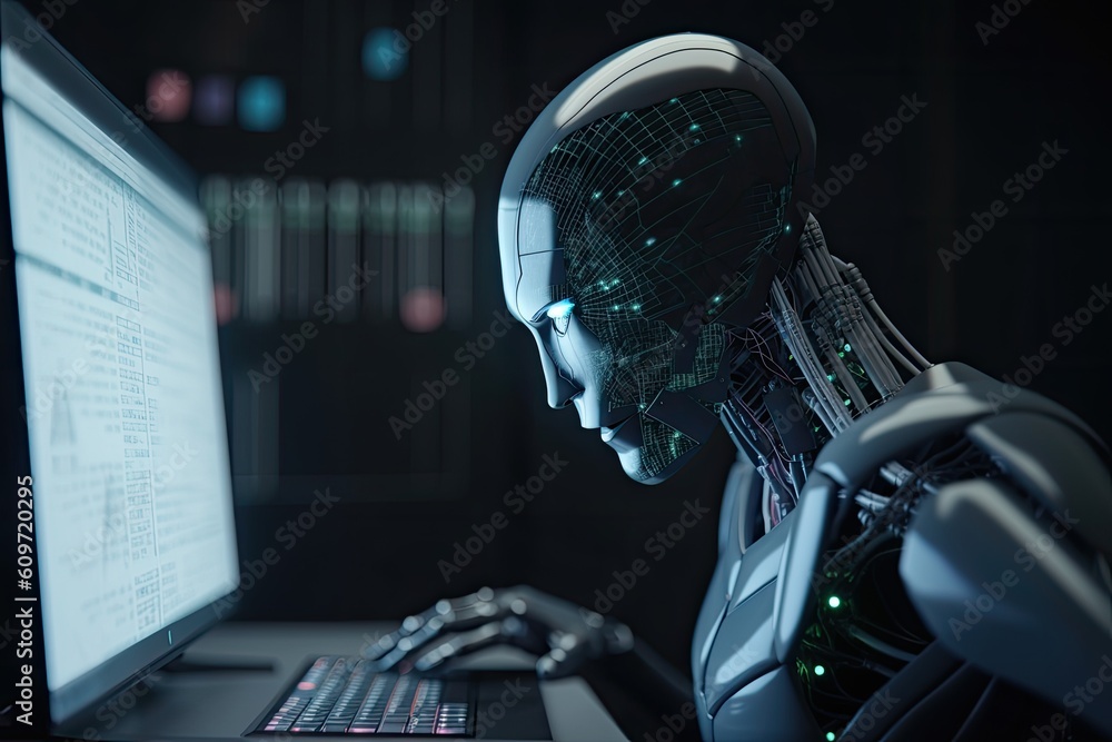 Poster 3d rendering male cyborg working with a computer on a dark background, a futuristic ai robot program