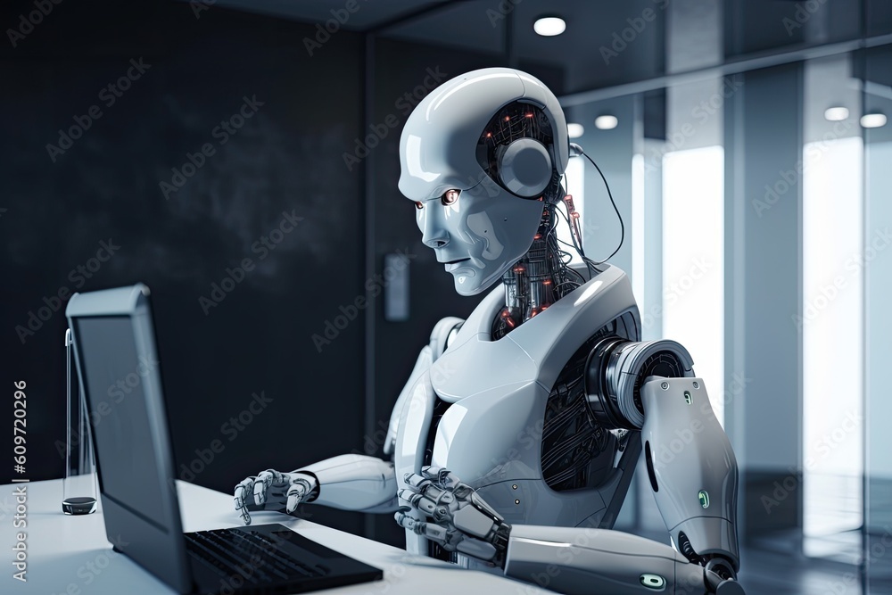Poster 3d rendering humanoid robot working with laptop computer in modern office interior, a futuristic ai 