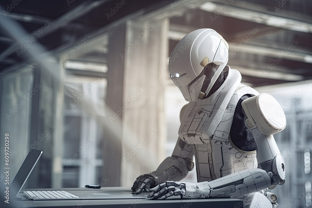 Poster 3d rendering humanoid robot working in the office with a laptop computer, a futuristic robot archite