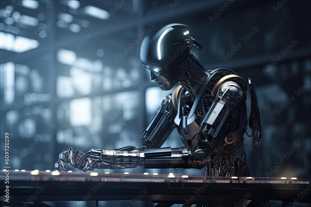 Poster 3d rendering humanoid robot working in the office, future technology concept, a futuristic robot arc