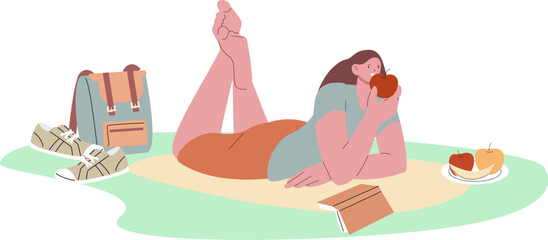 Girl rest in park, on nature reading book. Female eating fruits, single picnic for rest and relaxing. Cartoon flat woman weekend, vector character
