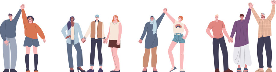 Obraz premium People holding hands. Happy multicultural different characters, men and women, young and adult. International community, vector friendship scenes