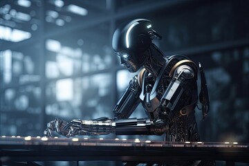 3d rendering humanoid robot working in the office, future technology concept, A Futuristic robot architect working on a construct, AI Generated