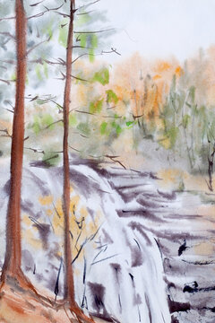 Hand-Drawn Watercolor Autumn Illustration Waterfall In The Forest © NataliaArkusha