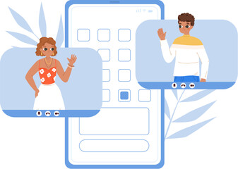 Video meeting, dating or call for family. Teens communicate with smartphone. Modern relationships, friendship or work vector concept