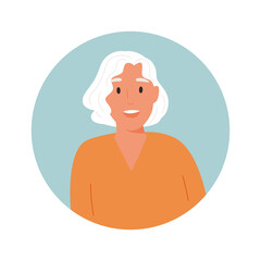 Avatar of an elderly woman. Smiling elderly woman with gray hair. Vector illustration of people characters.