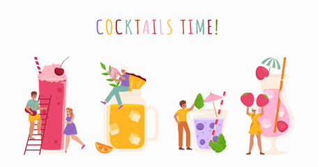 Fototapeta premium Young adults, teenagers and cocktails. Summer cocktail, sweet drinks for beach pool party. Fruits and berries, cute people vector set