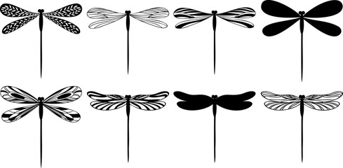 Stylized linear flying dragonflies, silhouette vector flat illustration - obrazy, fototapety, plakaty