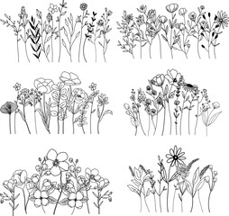 Botanical abstract line art composition, minimal floral border of hand drawn herbs, flowers, leaves and branches; vector illustration - 609720613