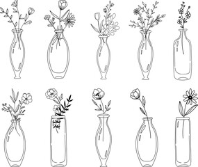 Wildflowers in vintage glass bottles, flowers in a jar, botanical clipart, simple doodle vector illustration - 609720627