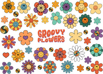 Groovy flowers, retro flowers with smiling face, hippie floral clipart, isolated vector illustration. - 609720643
