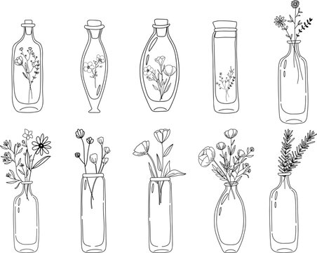Wildflowers in vintage glass bottles, flowers in a jar, botanical clipart, simple doodle vector illustration