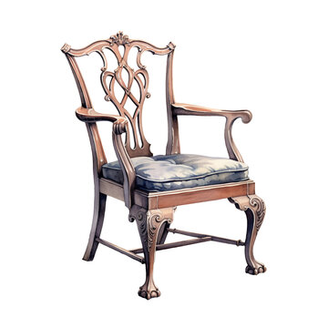 Vintage Chippendale chair, watercolor isolated on white or transparent background. Generative AI