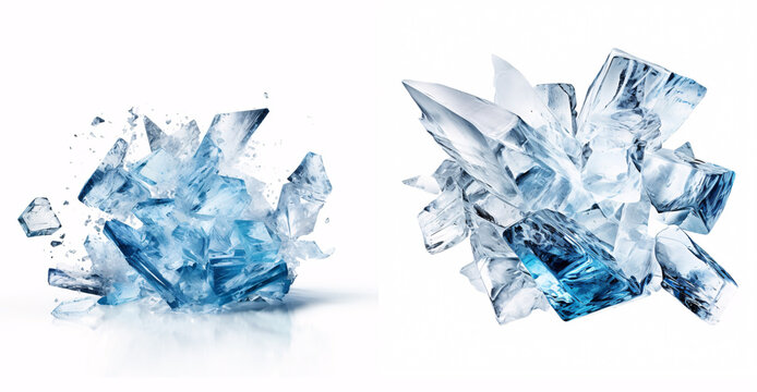 Set of peaces of crushed ice. Shards of ice or crystals isolated on white background.