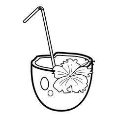 Coconut Cocktail with Straw and Flower for Coloring. Vector Illustration of Beach Drink in Cartoon Style