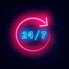 Around the clock neon label. Circle arrow with 24 on 7. Night club, bar and market sign. Vector stock illustration