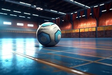 Fototapeta na wymiar Football futsal ball goal and floor. Indoor soccer sports hall. Sport Futsal background. Indoor Soccer Winter League. Generative AI.