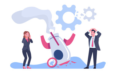 Business project crash. Entrepreneur failure. Frustrated man or woman standing at broken rocket of startup. Businessman fail. Unsuccessful strategy. Economy recession. Vector concept