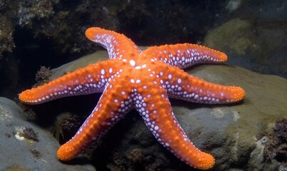  an orange and white starfish on a rock in the ocean.  generative ai