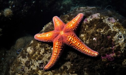  a bright orange starfish on a rock in the ocean.  generative ai