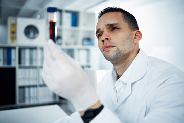 Naklejka na ściany i meble Man, scientist and analysis of blood in test tube, DNA and science experiment in laboratory. Male doctor with gloves, study sample and forensics, scientific innovation and medical research in lab