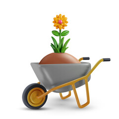 Wheelbarrow with earth and flower. 3d cartoon garden design composition in modern minimal style. Vector bright concept or illustration.