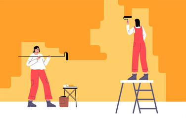 Cartoon painters paint wall. Professional decorators work with rollers on ladder. Yellow color. Premises renovation. Builders repairing room. Women decorating house. Vector concept